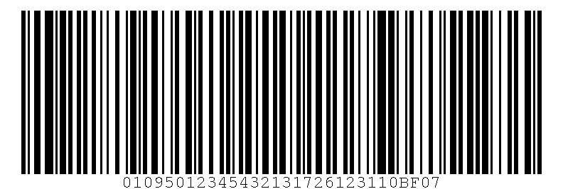 GS1-128 barcode encoding (01) GTIN 09501234543213, (17) expiry 261231, (10) batch BF07.