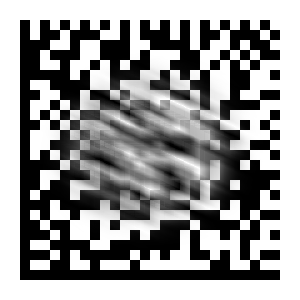 Data Matrix with a diagonal smudge over its interior; still scannable.