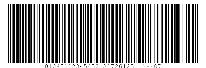 GS1-128-Barcode, der (01) GTIN 09501234543213, (17) Verfall 261231, (10) Charge BF07 codiert.