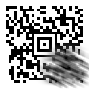Aztec Code avec une bavure diagonale sur son coin inférieur droit ; toujours lisible par un lecteur.