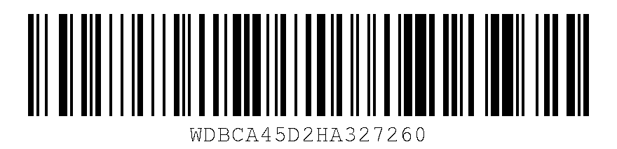 Code-barres Code 128 encodant « WDBCA45D2HA327260 » avec une image plus haute et un libellé plus grand.