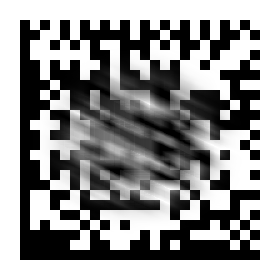 Data Matrix avec une bavure diagonale sur son intérieur ; toujours lisible par un lecteur.